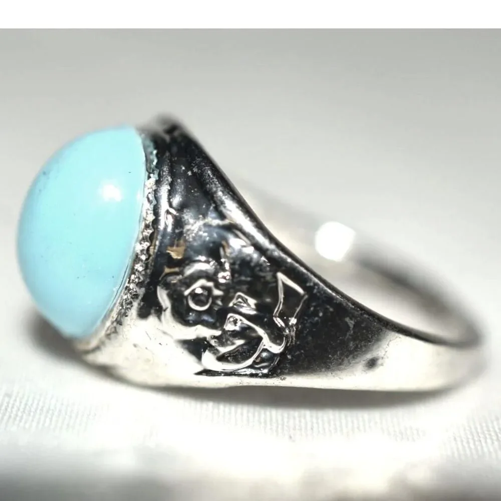 Trendy Robin Egg Blue Oval Stone Flower Etched Silver Tone Sizes 10,11 &13 Rings